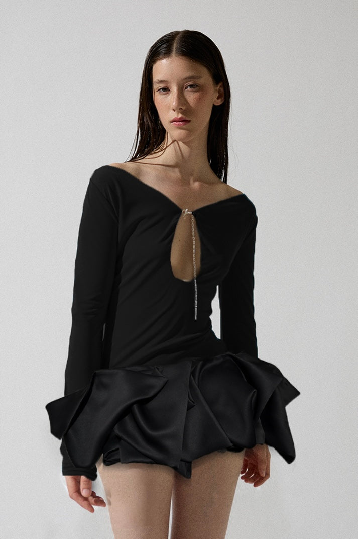 Black Semi-Satin Volume Miniskirt