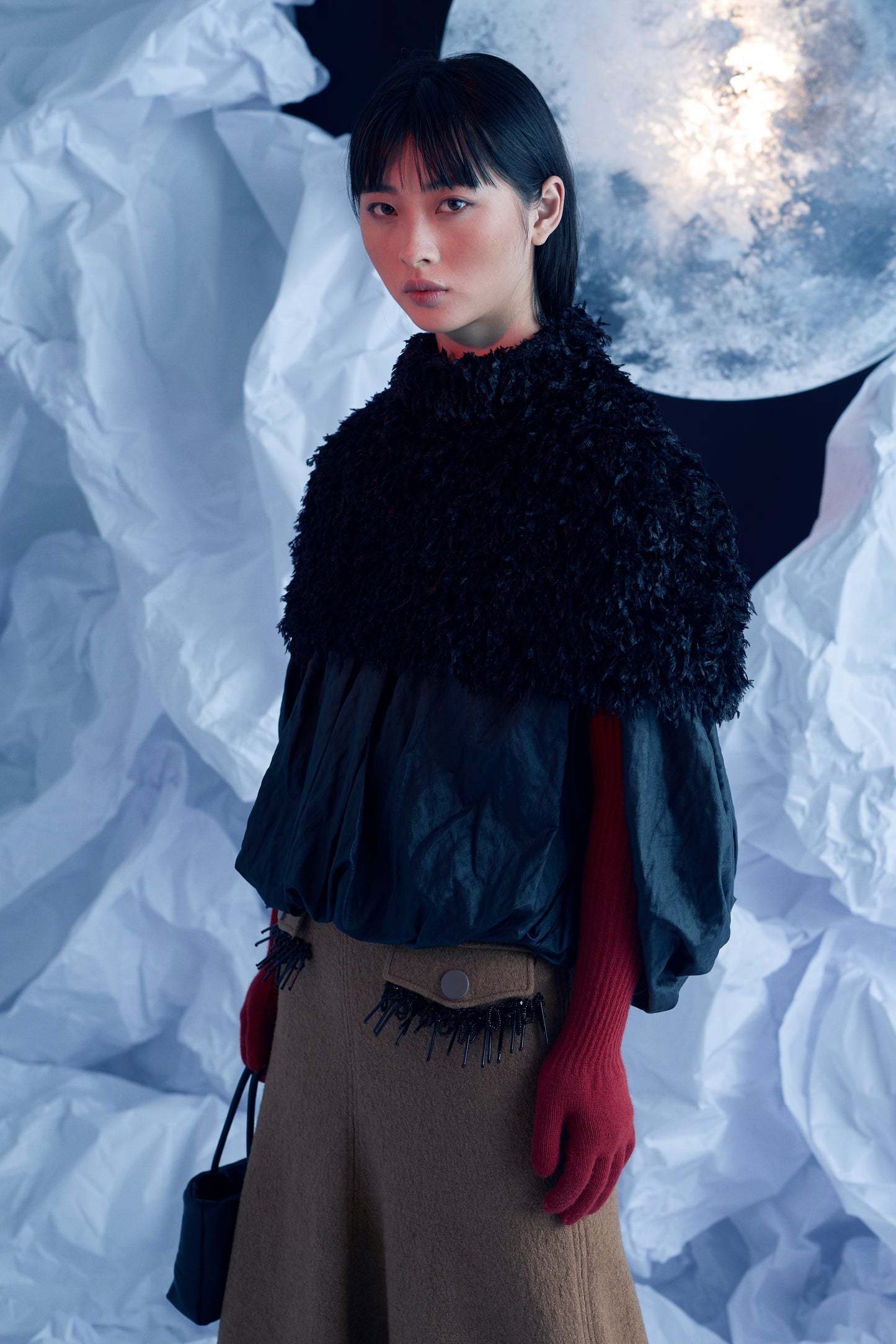 Black Semisatin Black Balloon Blouse