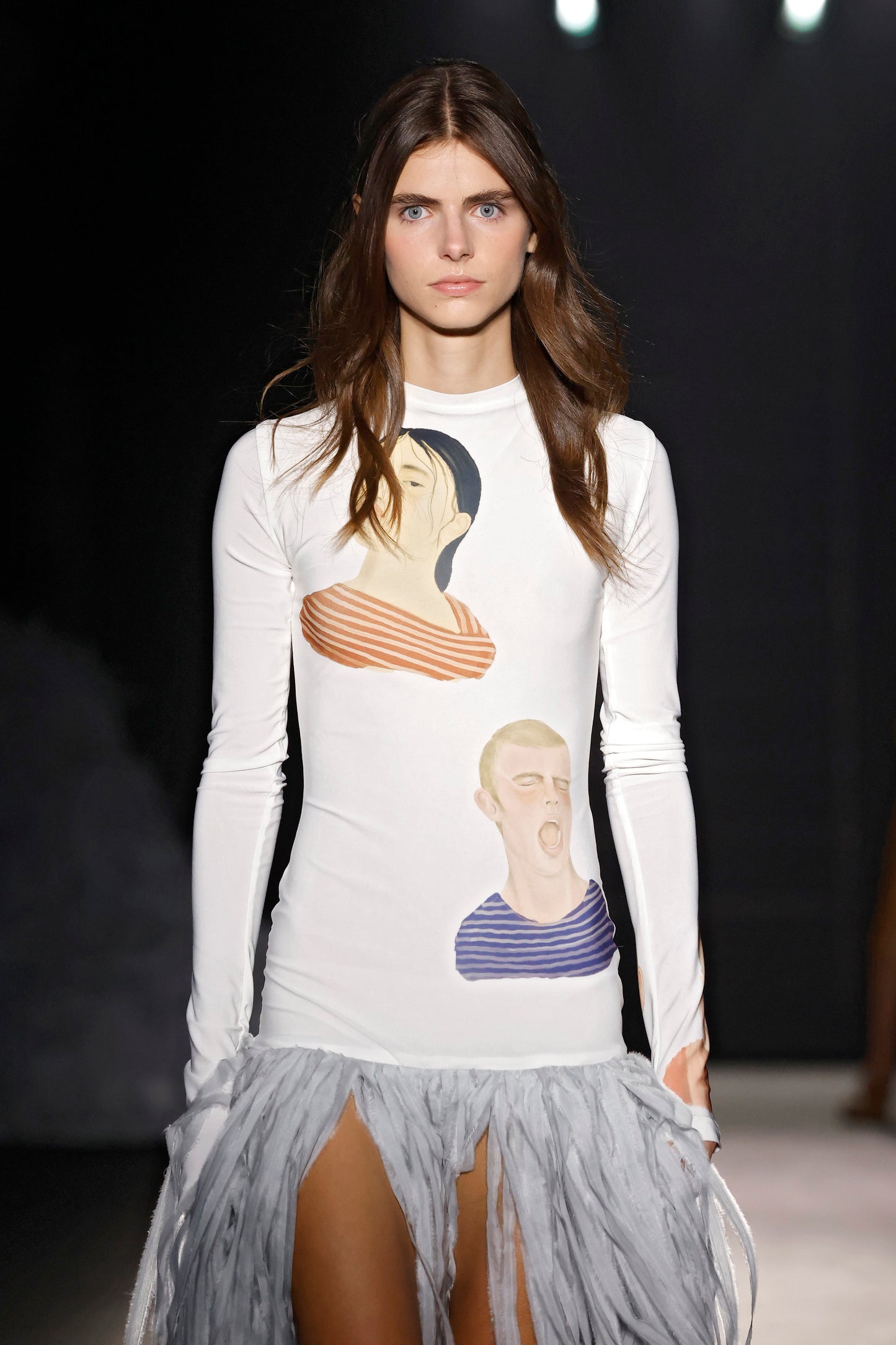 Face Print Dress With Silk Fringes