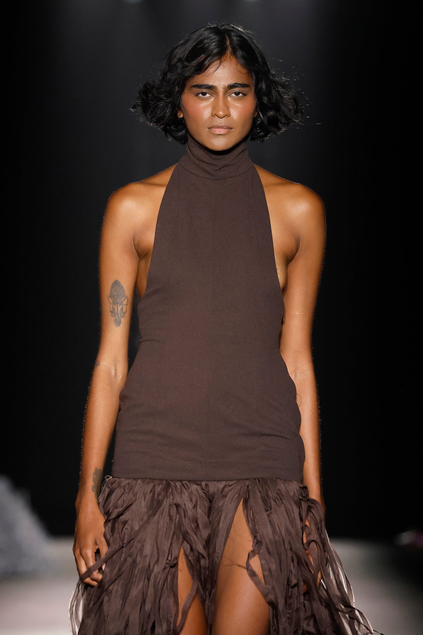 Brown Halter Dress With Silk Fringes