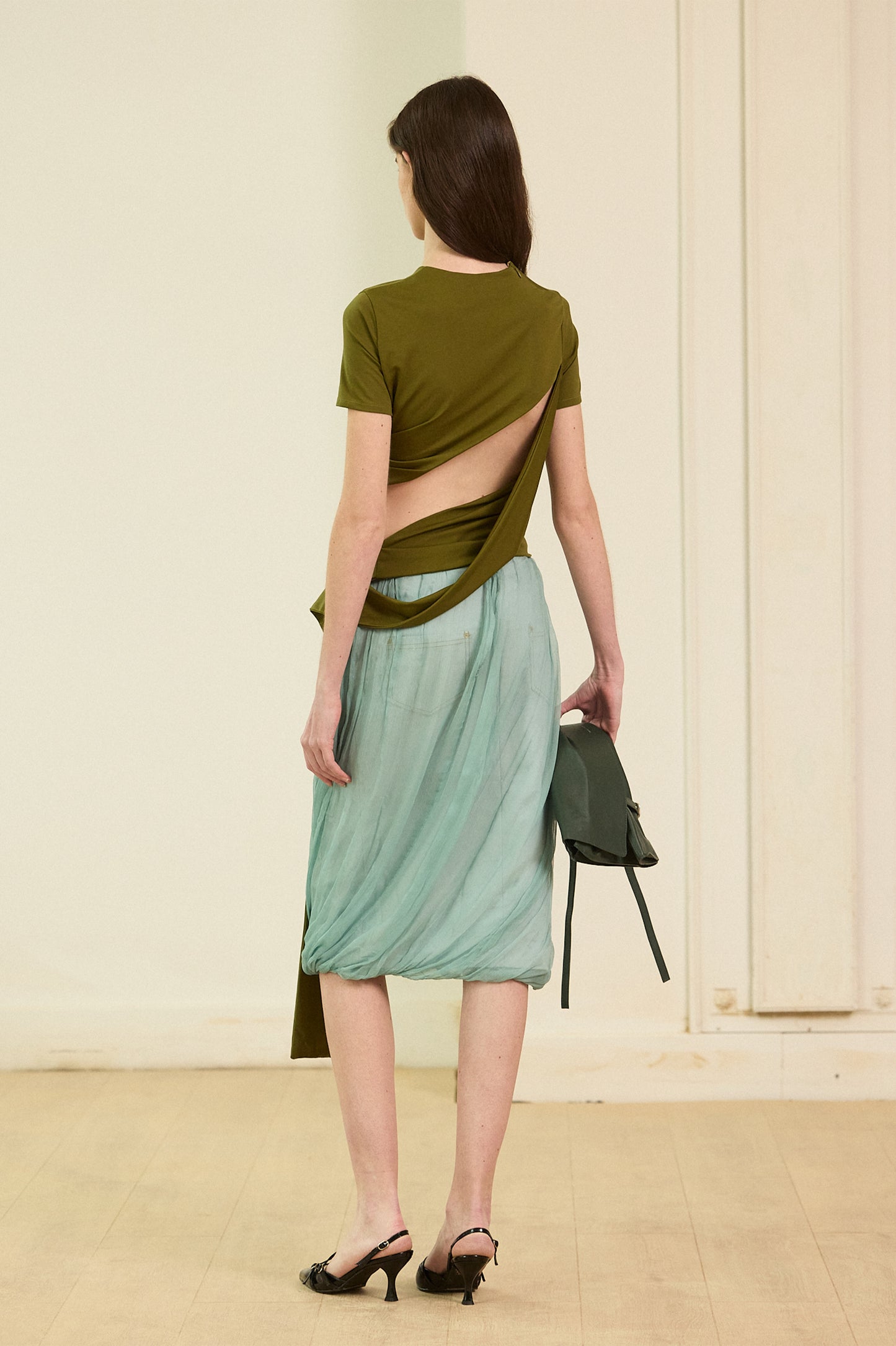 Green knit asymmetrical blouse