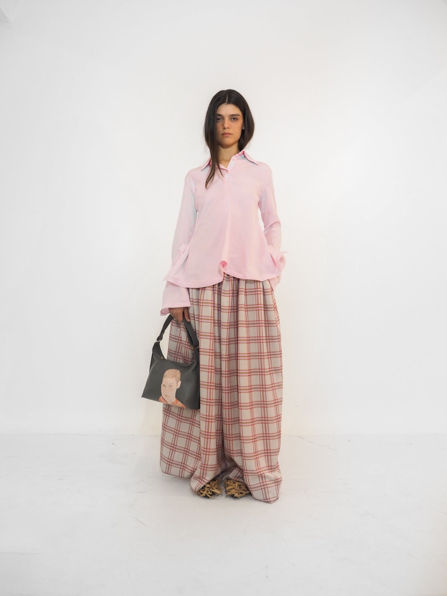 Plaid Satin Volume Long Skirt / Preorder