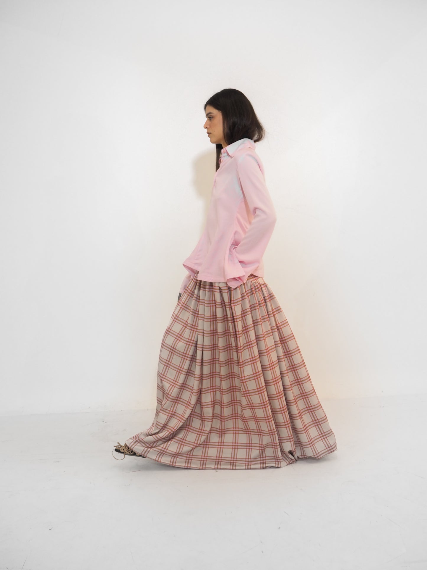 Plaid Satin Volume Long Skirt / Preorder