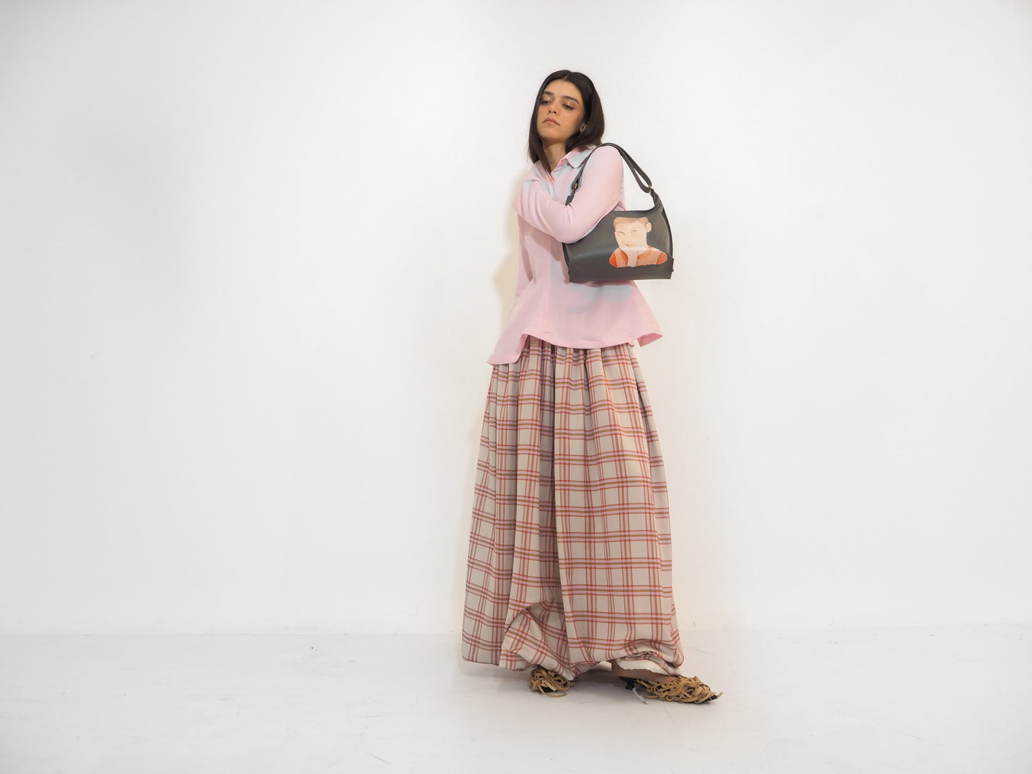 Plaid Satin Volume Long Skirt / Preorder