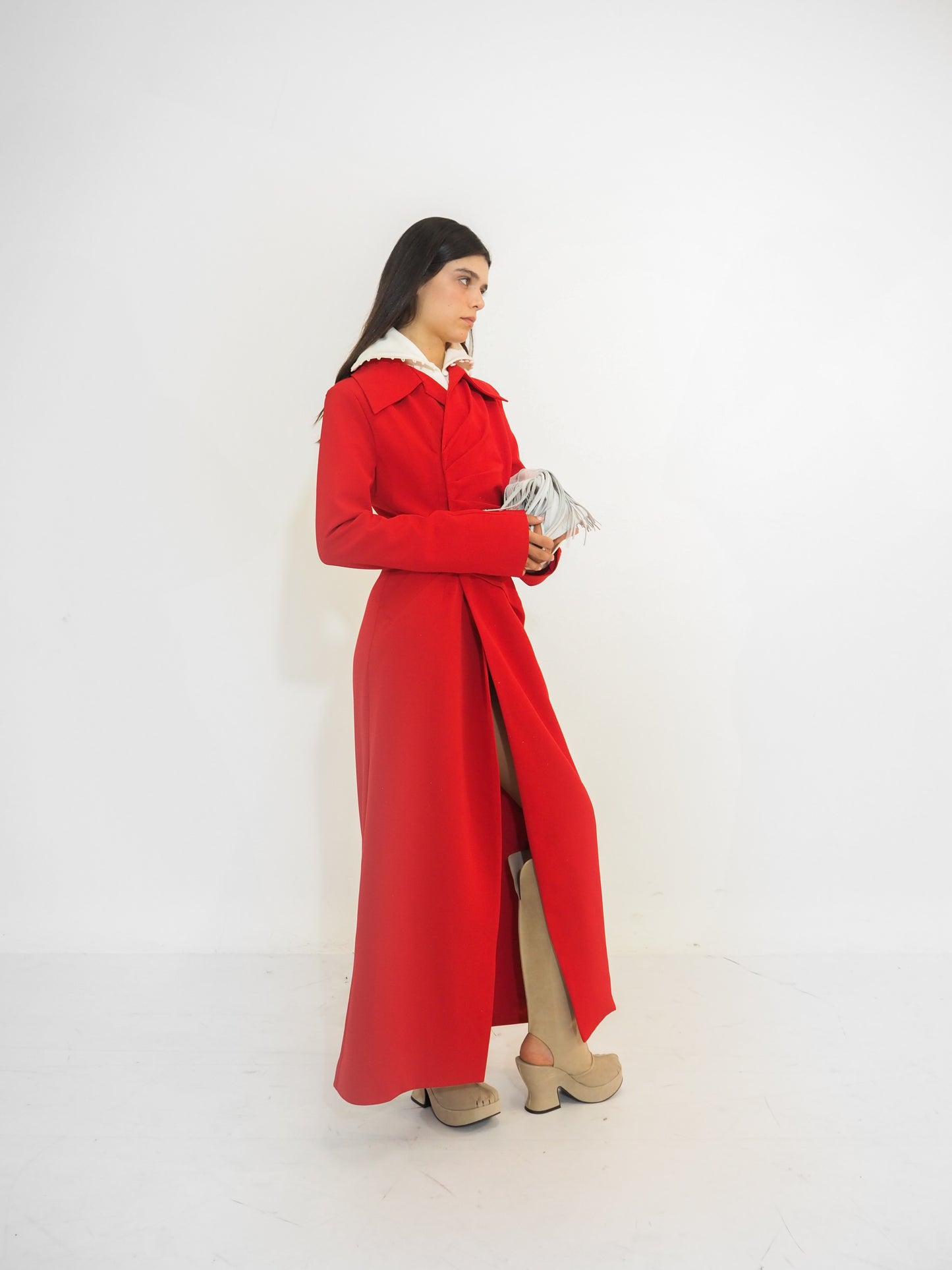 Red Crepe Straight Coat