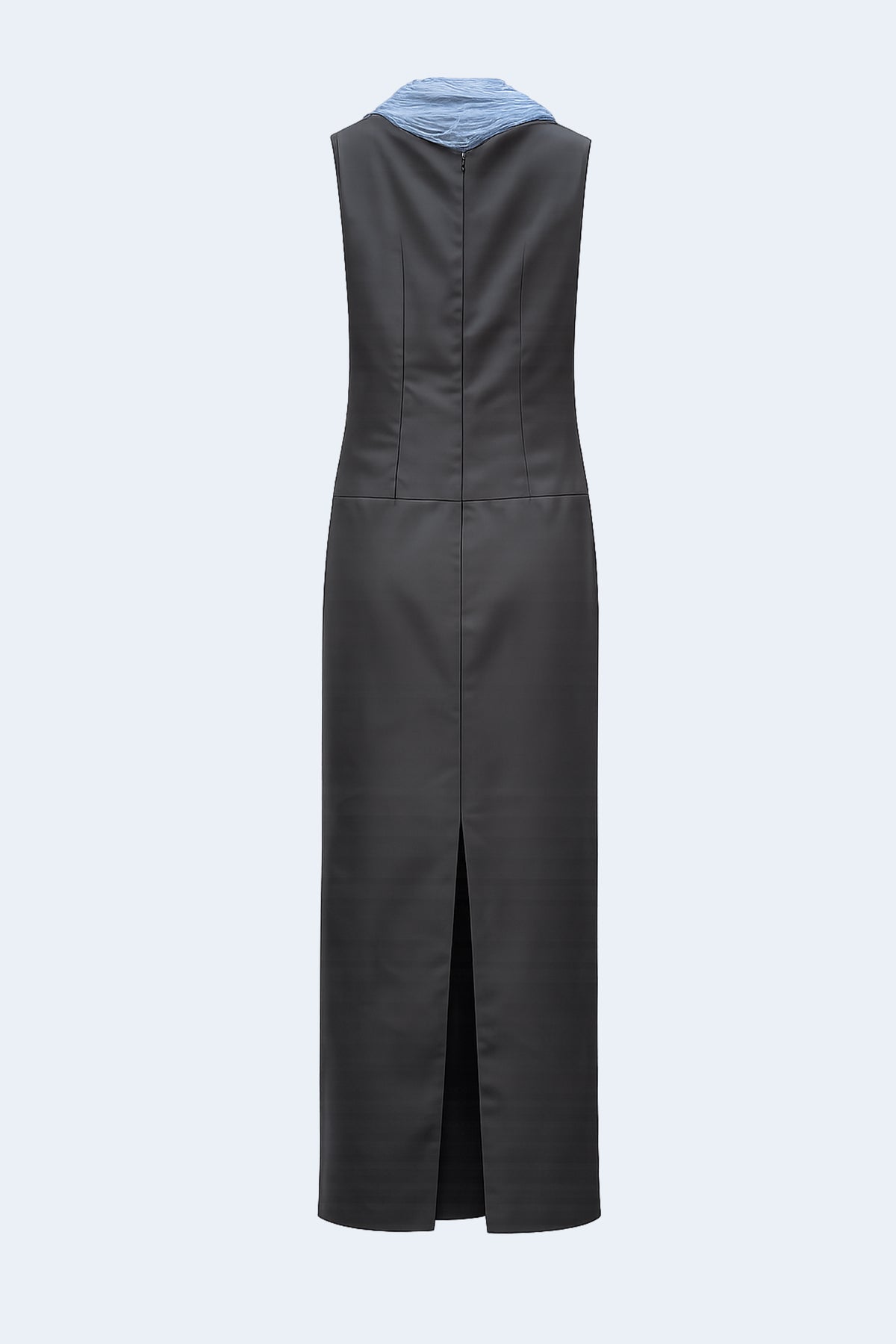 Straight-cut grey dress with long blue fringes