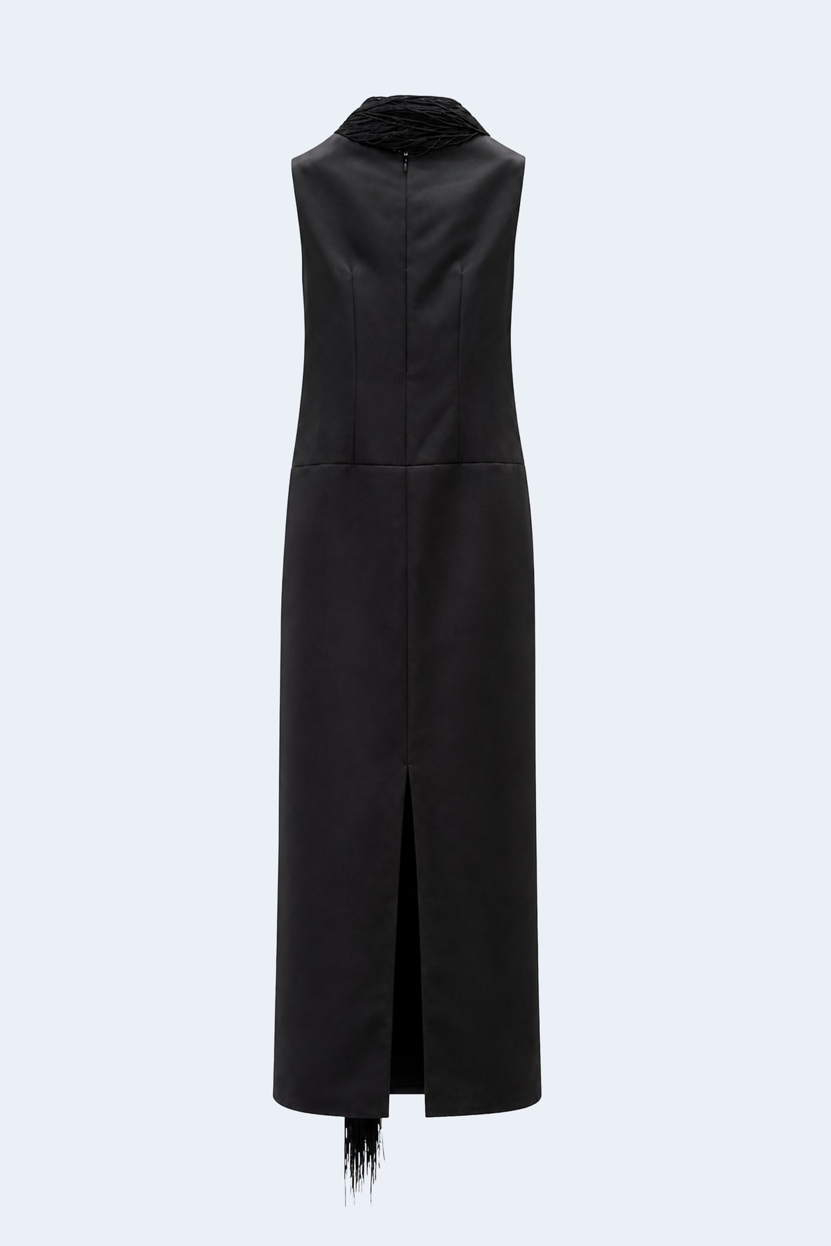 Straight-cut black dress with long fringes
