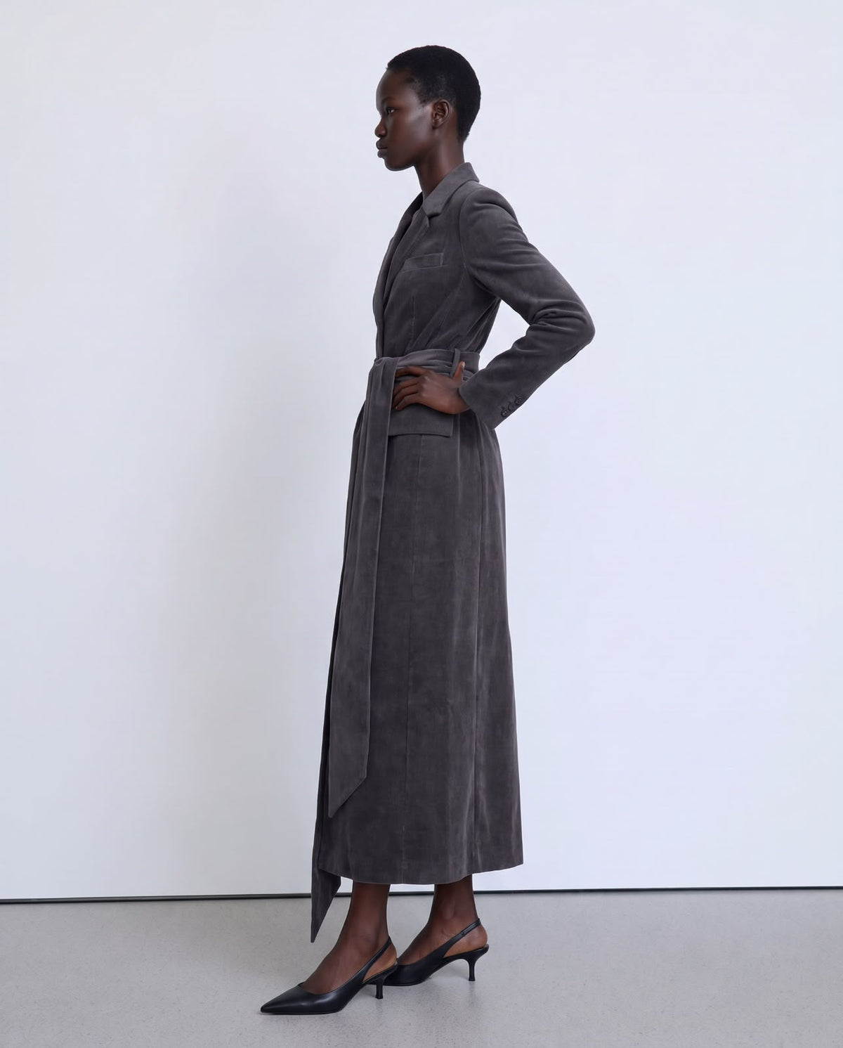 Grey corduroy long fitted coat