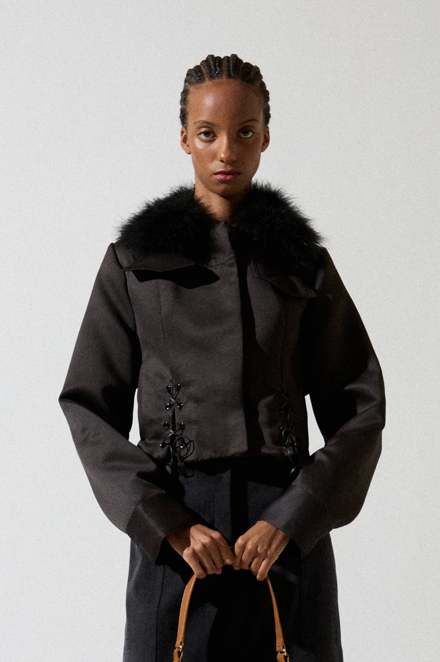 Black Semi-Satin Jacket with Feather Collar