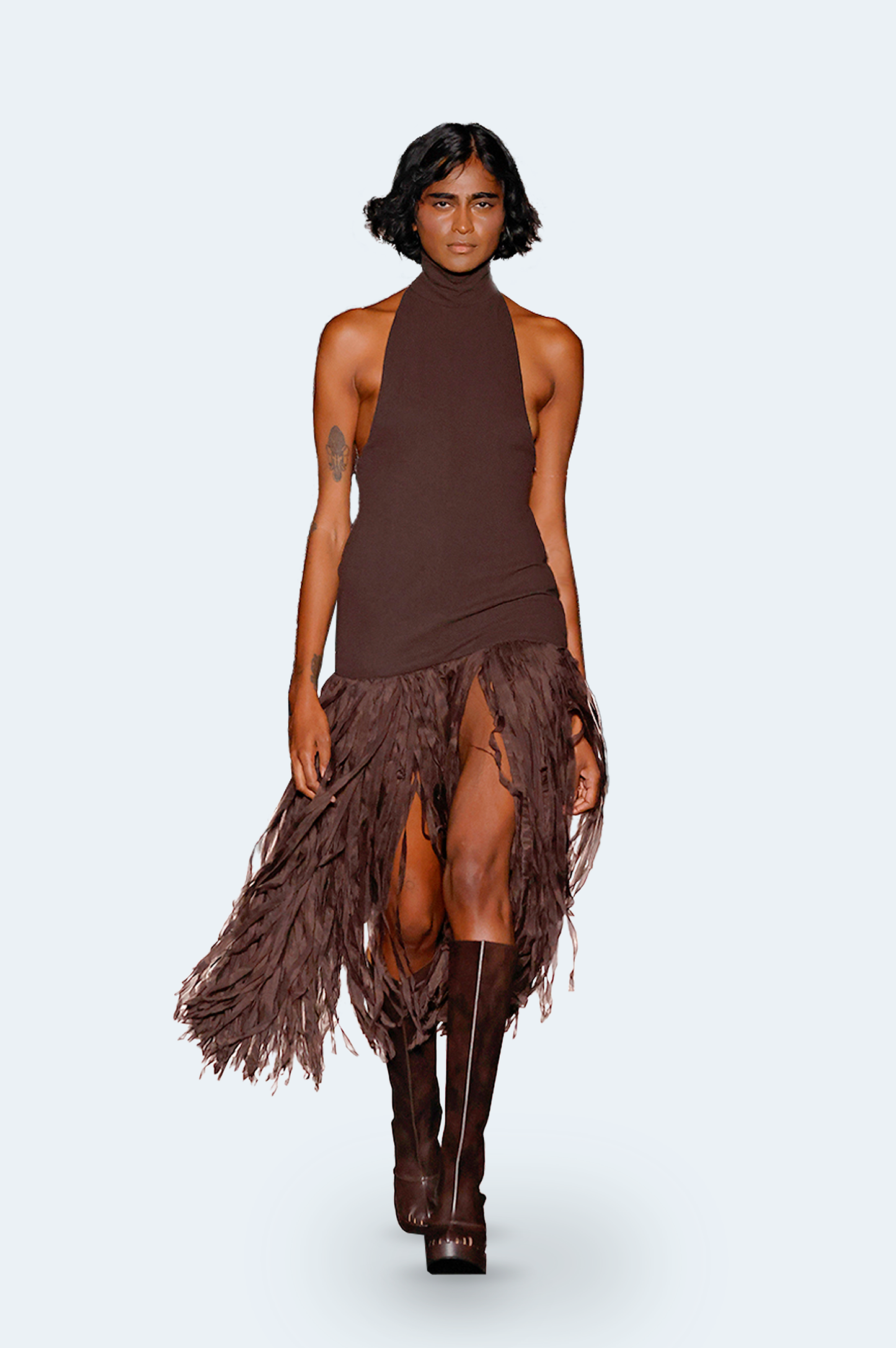 Brown Halter Dress With Silk Fringes