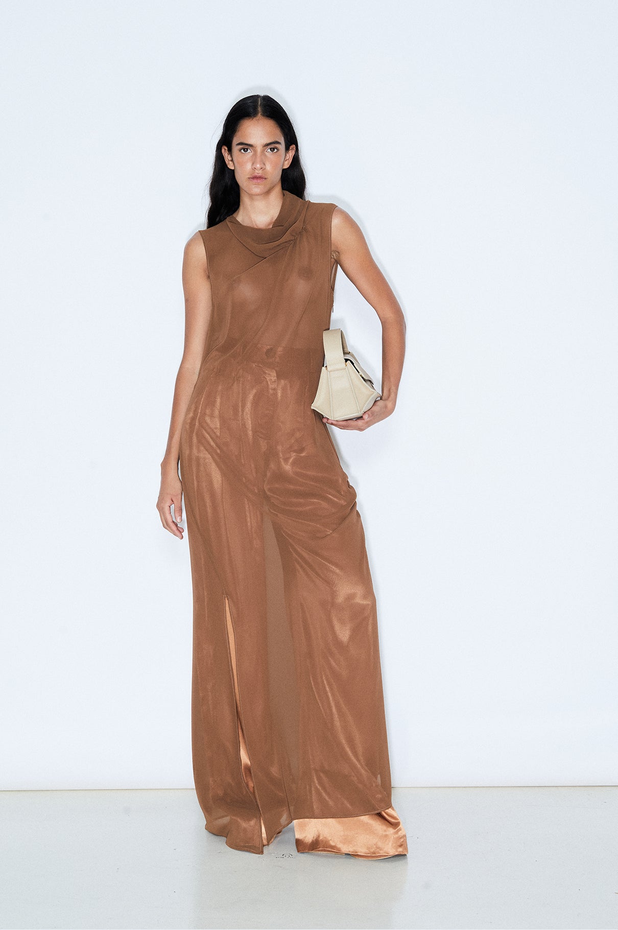 Vestido Gasa Gris Frunces
