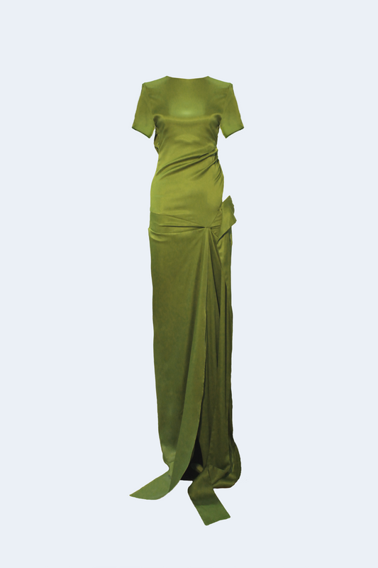 Green asymmetrical knit long dress