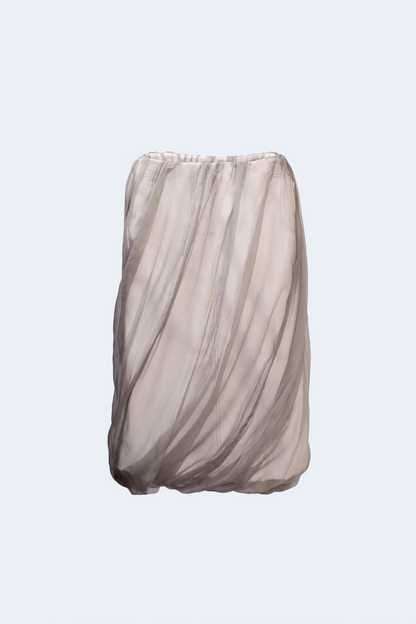 Taupe silk gauze and white denim midi skirt