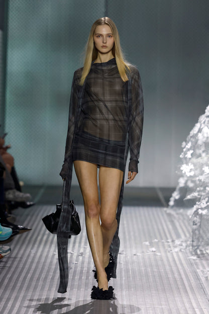 Sheer grey checked mini dress
