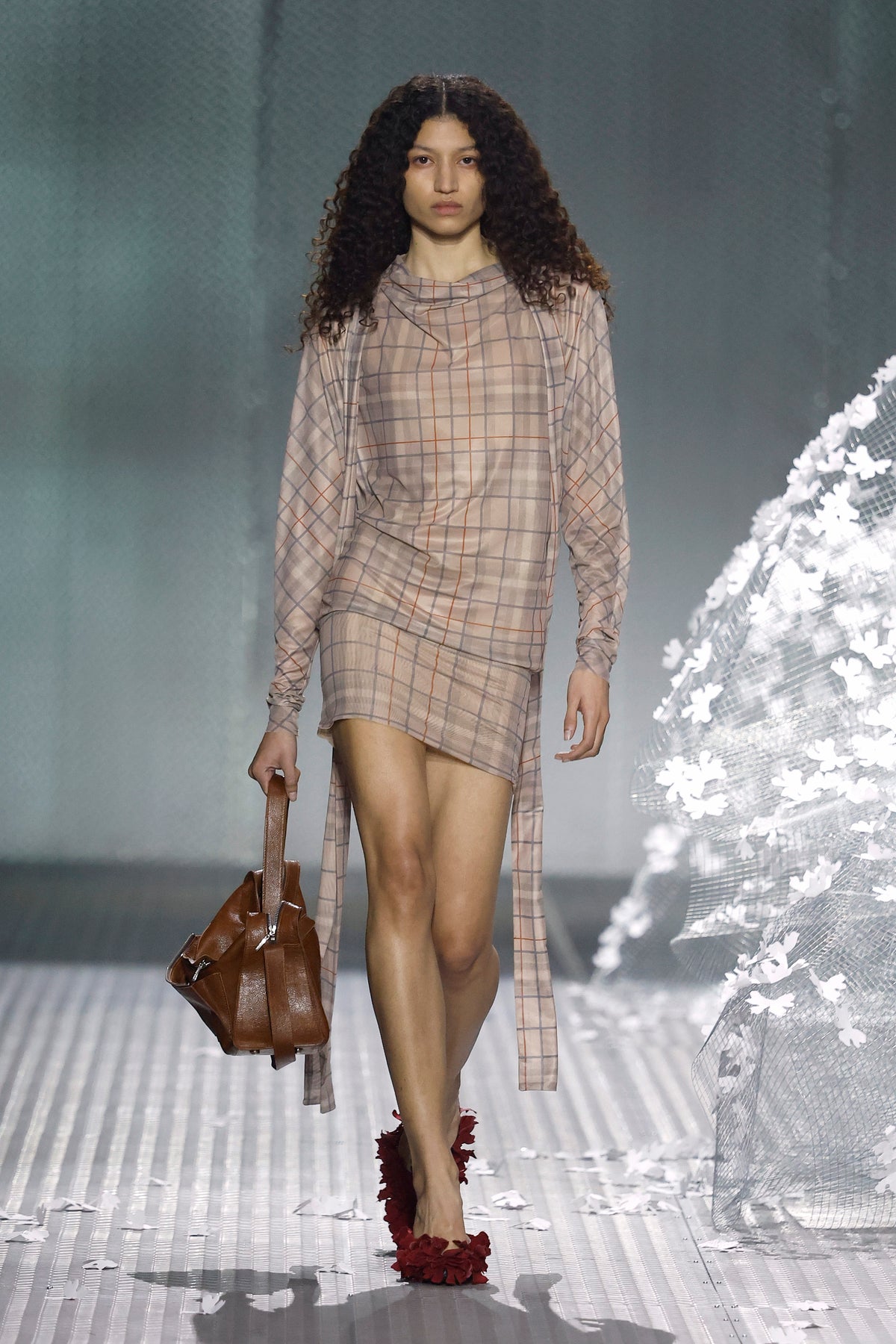 Sheer beige checked mini dress