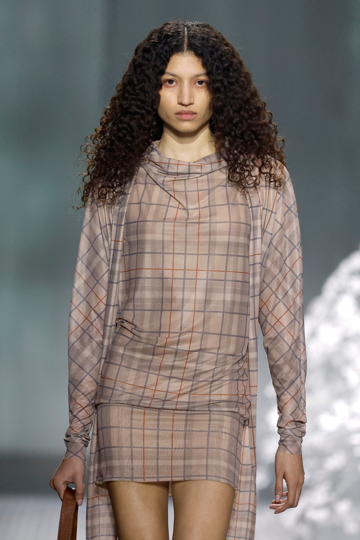 Sheer beige checked mini dress