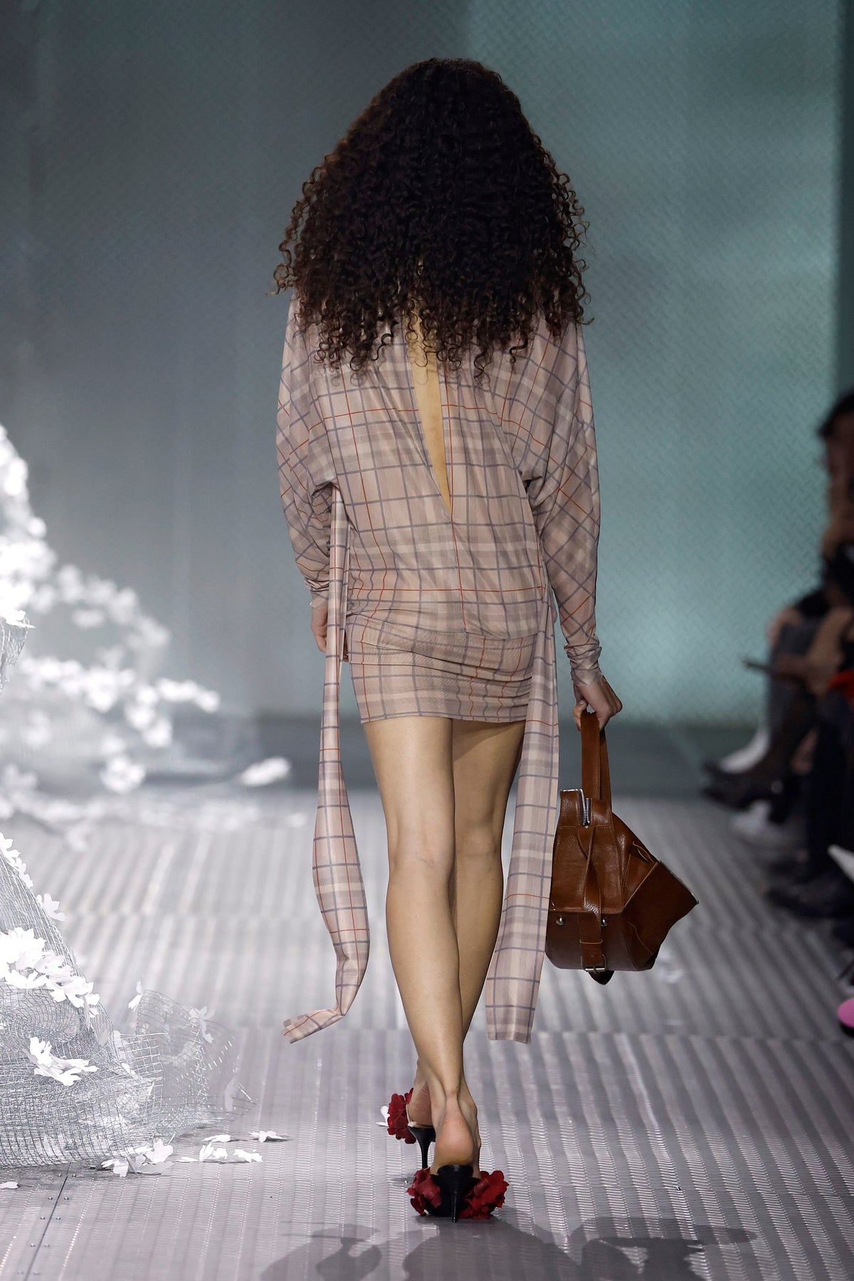 Sheer beige checked mini dress
