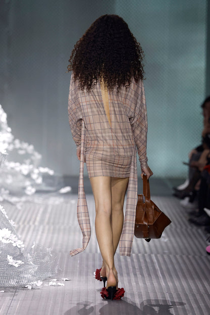 Sheer beige checked mini dress