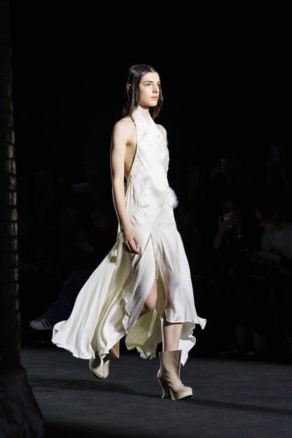 White Satin Midi Dress with feathers