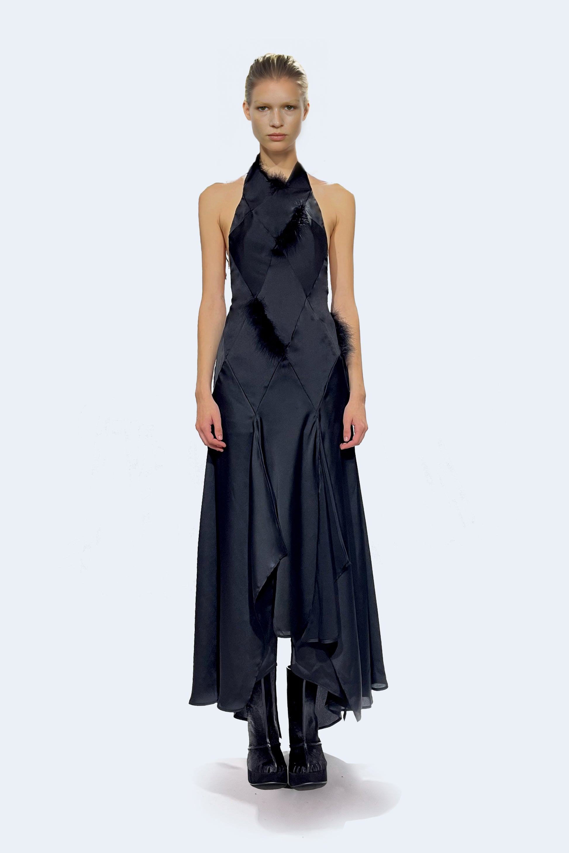 Black Satin Rhomb Dress with feathers