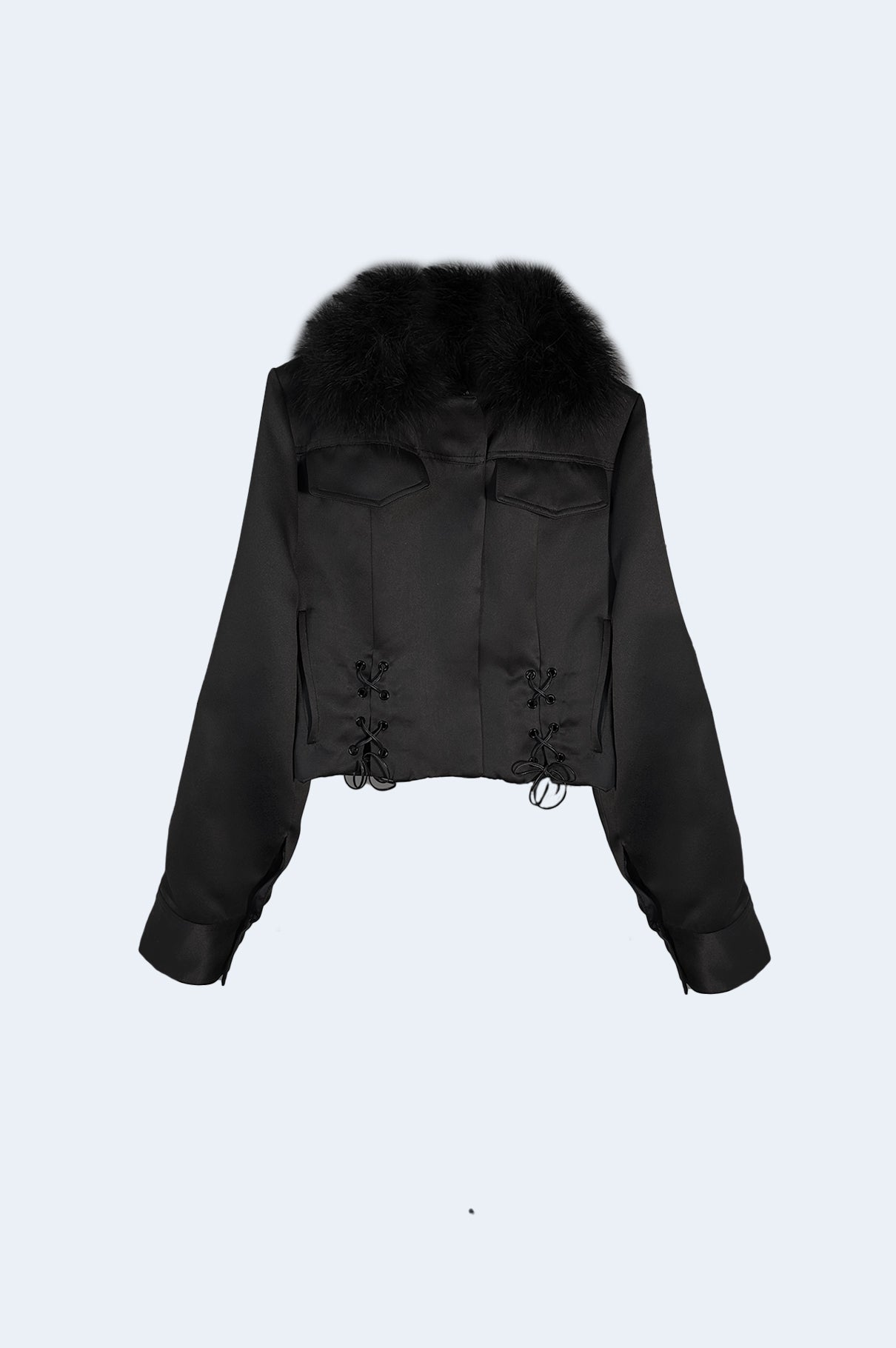 Chaqueta Negra Semisatinada Cuello Plumas / PREORDER