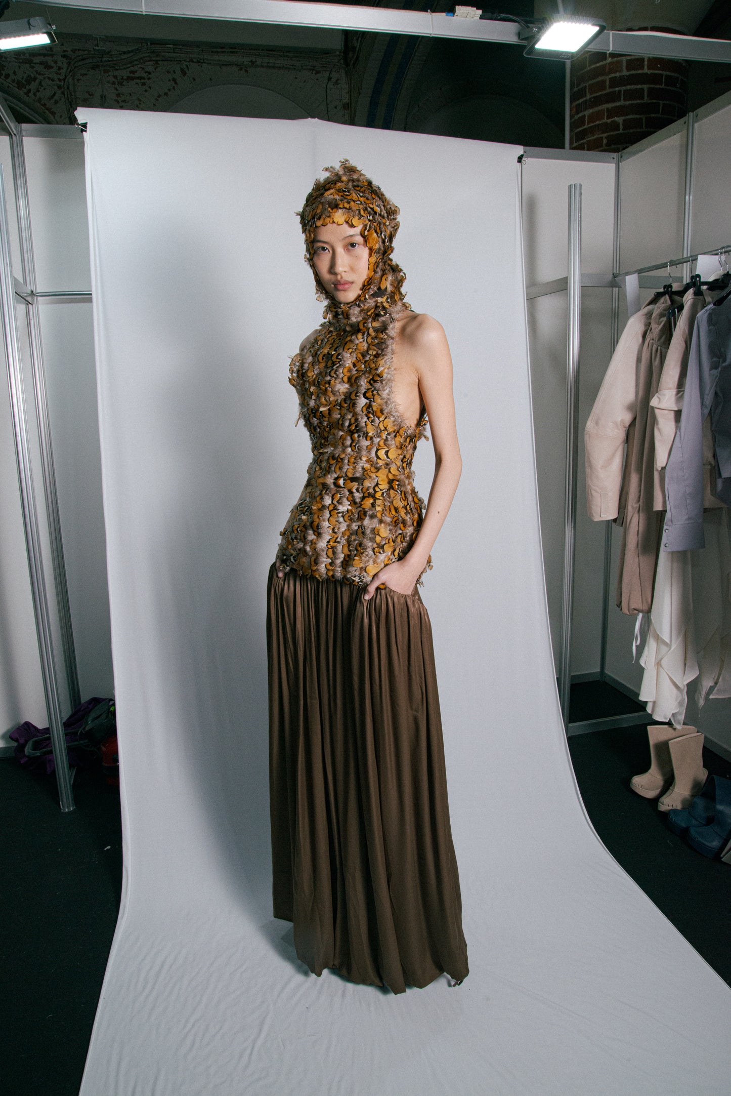Brown Satin Volume Long Skirt