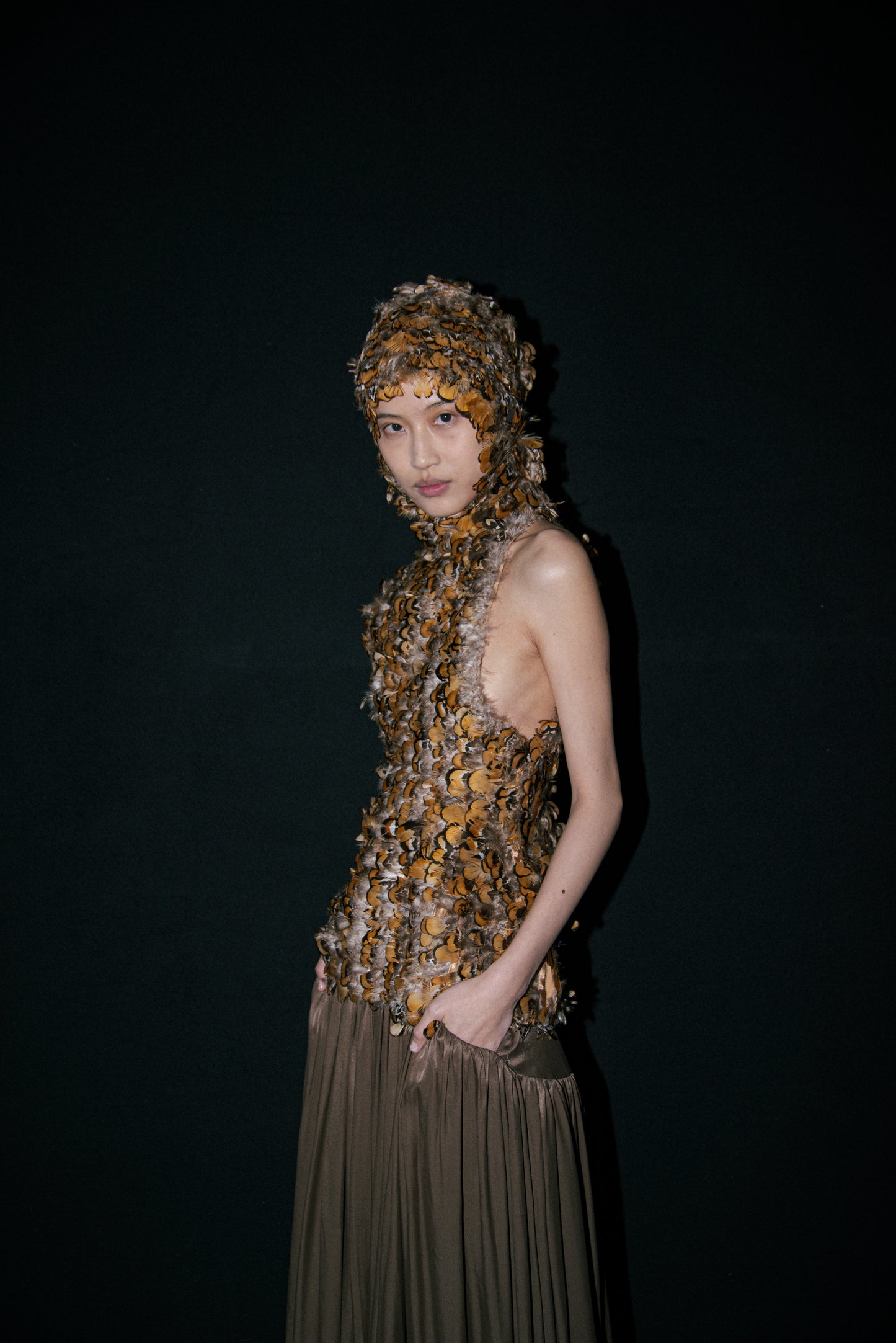 Brown Satin Volume Long Skirt