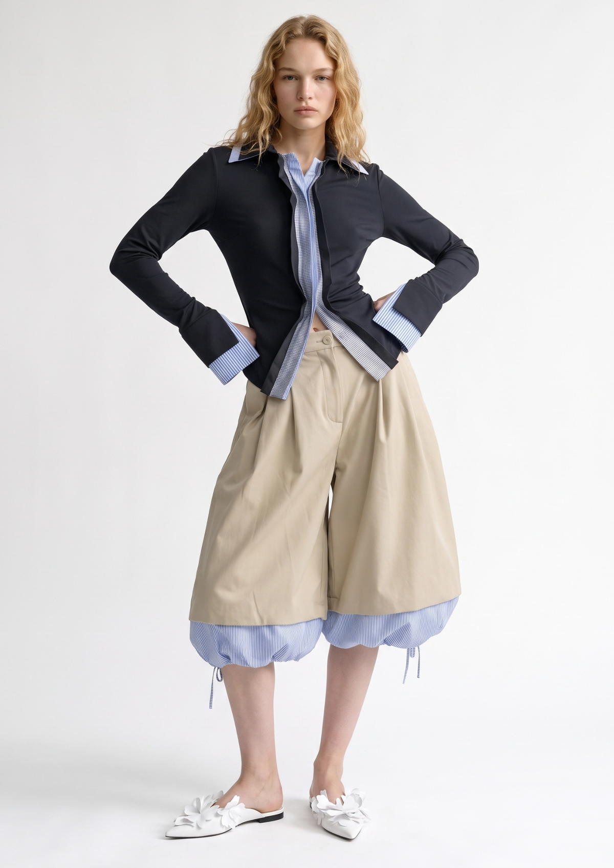 Beige wide-leg corduroy shorts