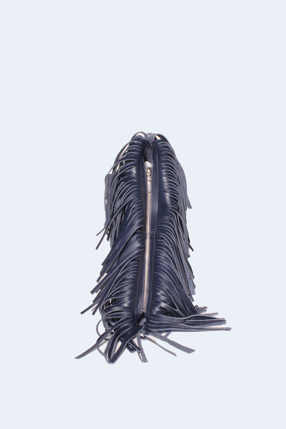 Navy Blue Fringes Baguette Bag