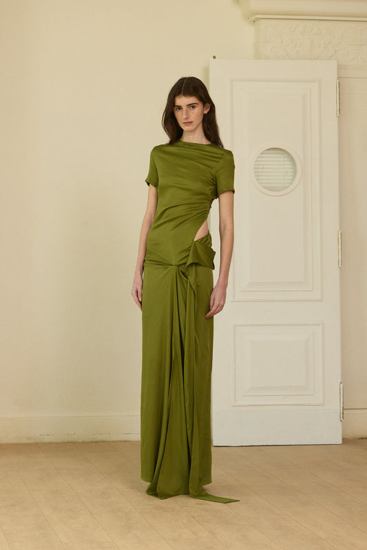 Green asymmetrical knit long dress