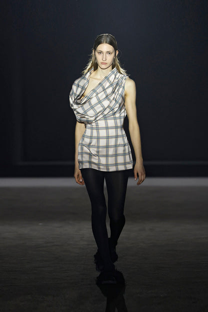 Plaid Satin Volume Mini Dress / Preorder