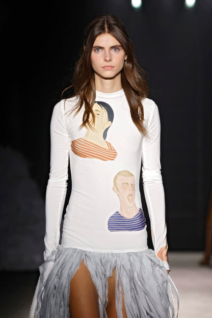 Face Print Dress With Silk Fringes