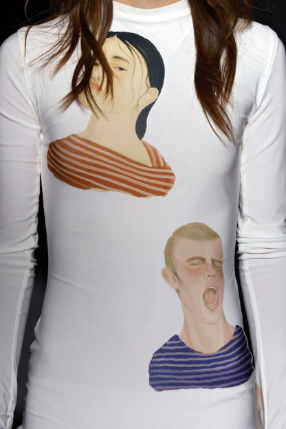 Face Print Dress With Silk Fringes