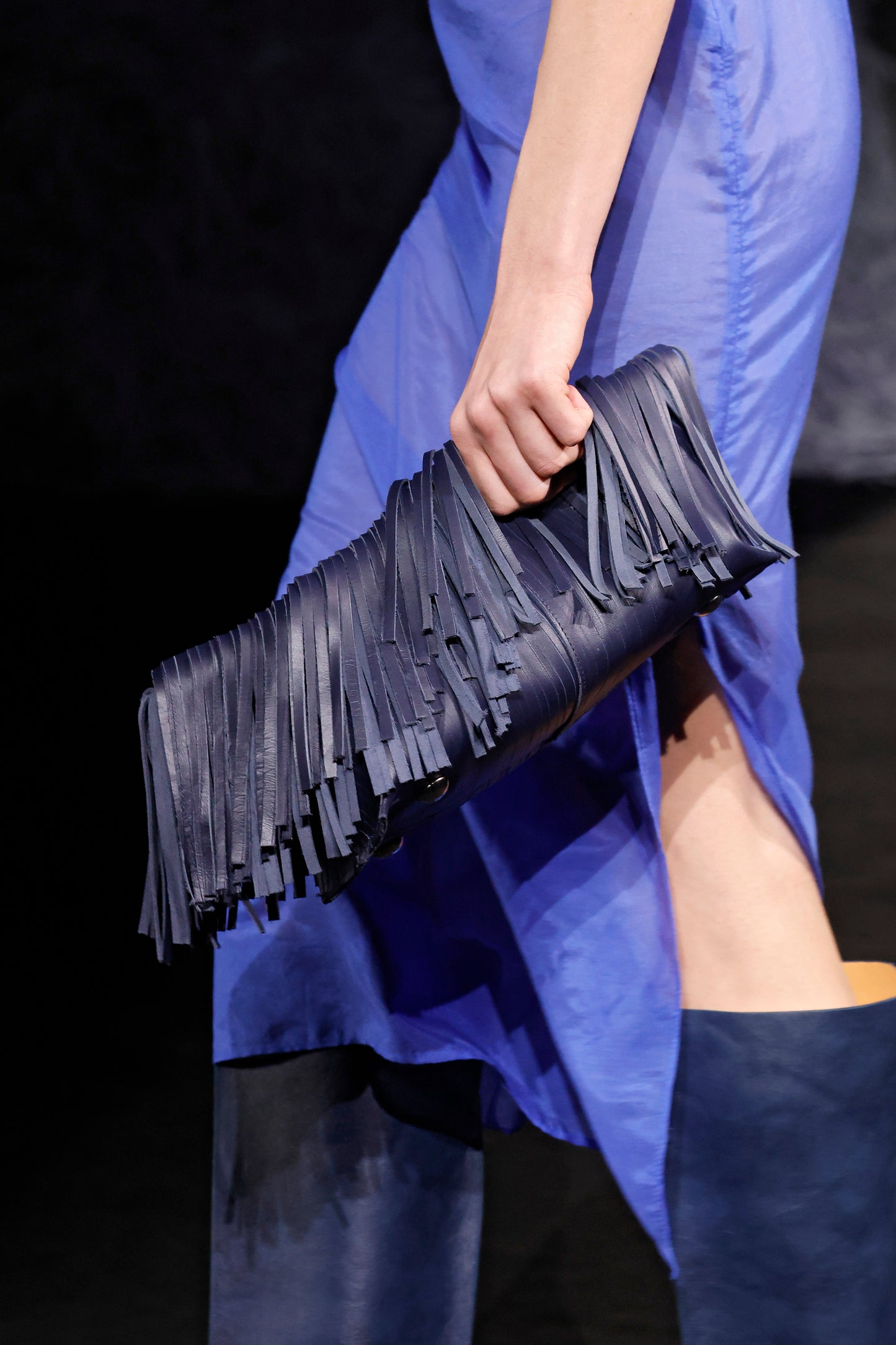 Navy Blue Fringes Baguette Bag
