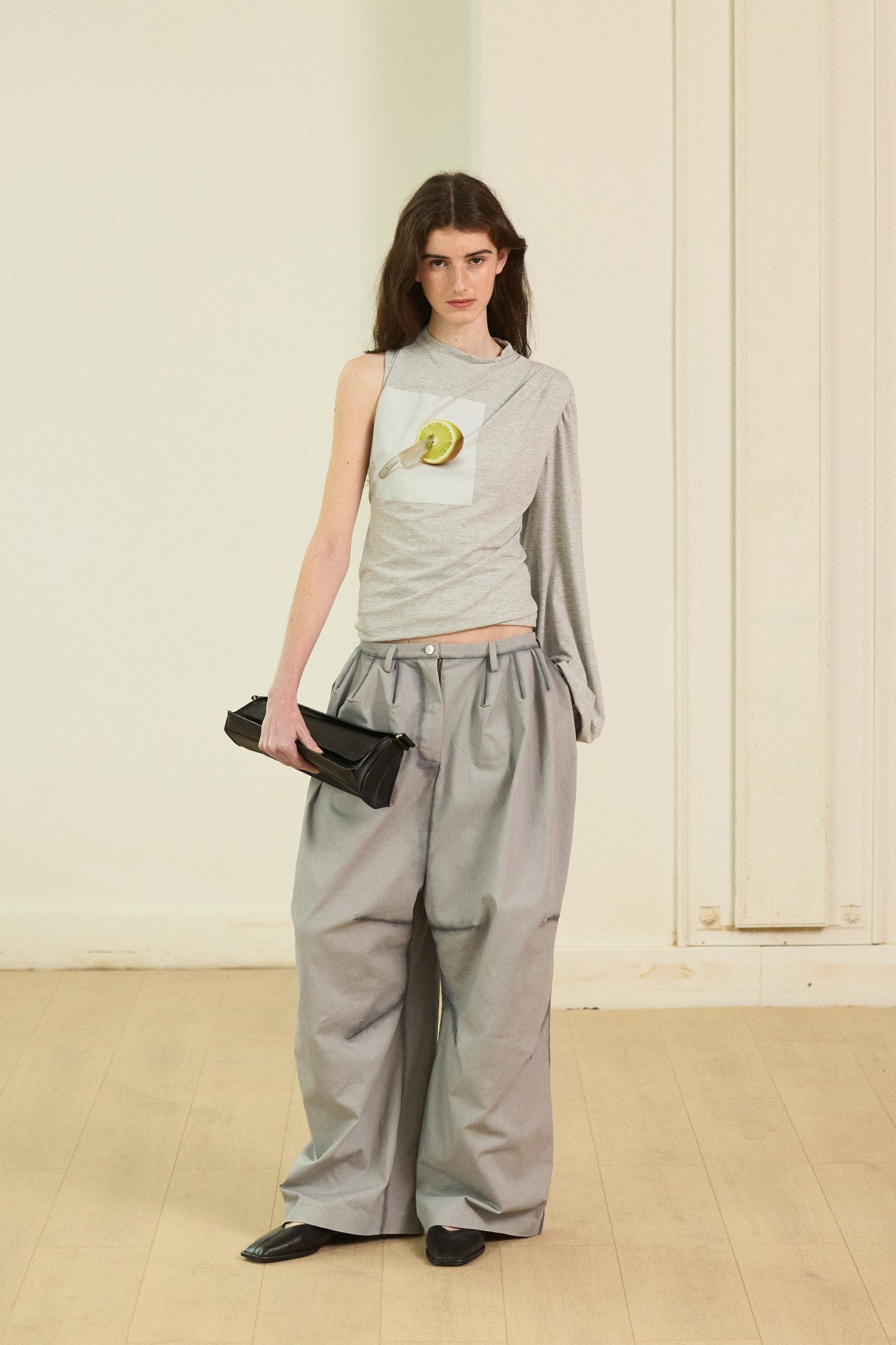 Lemon grey knit asymmetrical blouse