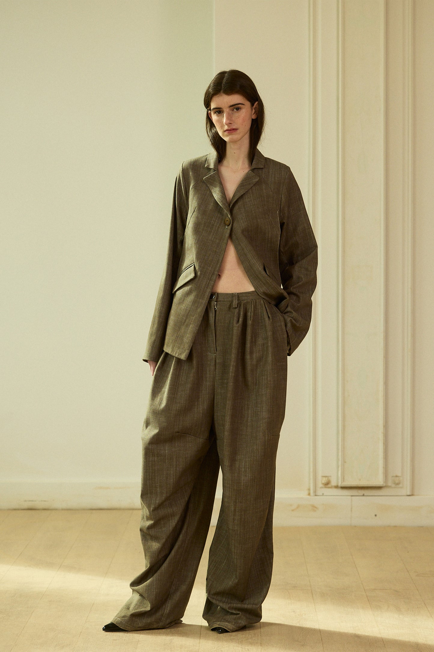 Green volume denim long pants