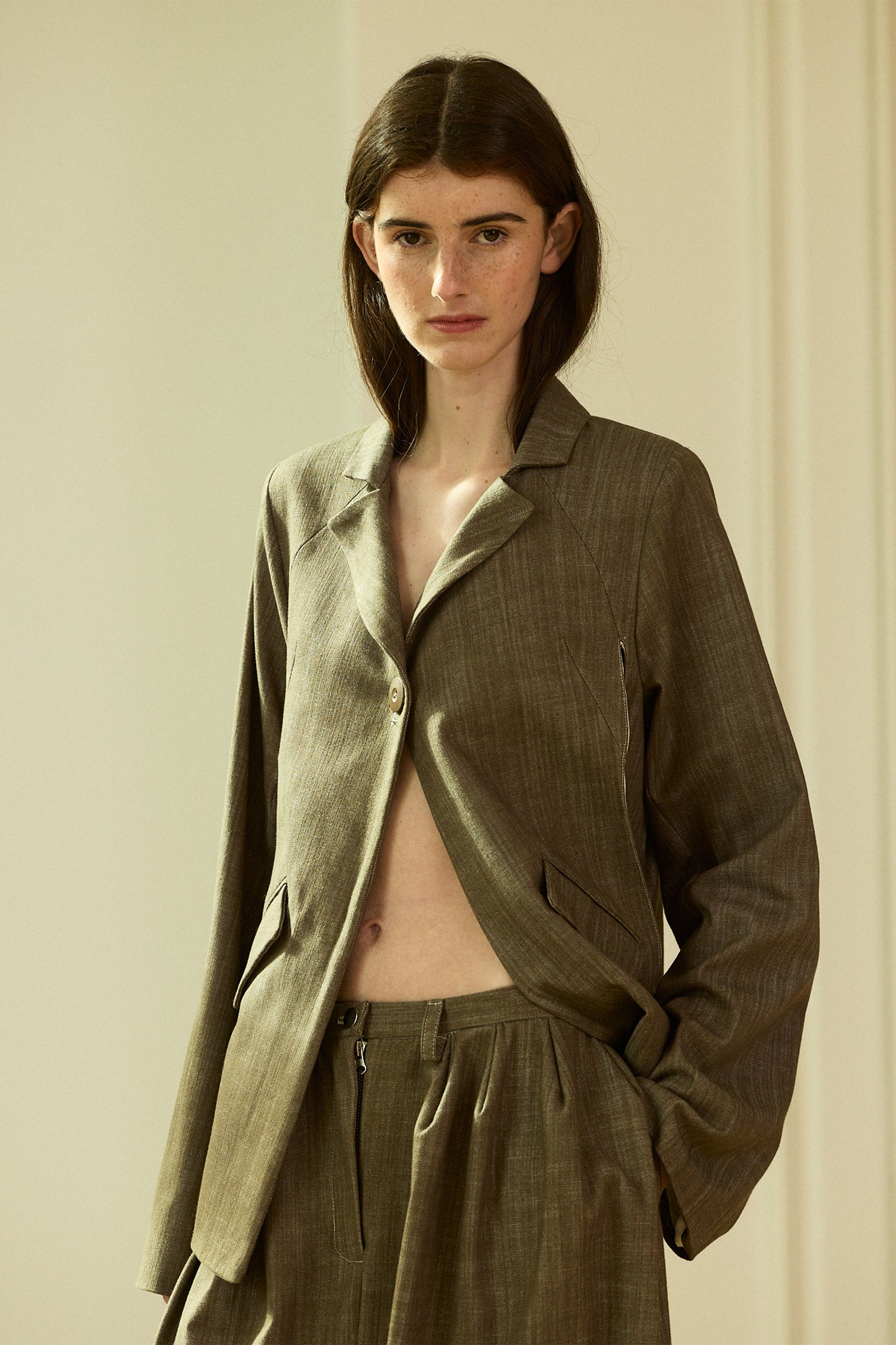 Green volume denim long pants