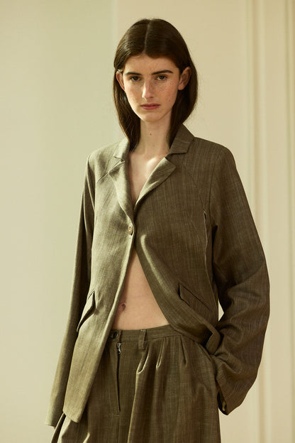 Green volume denim long pants