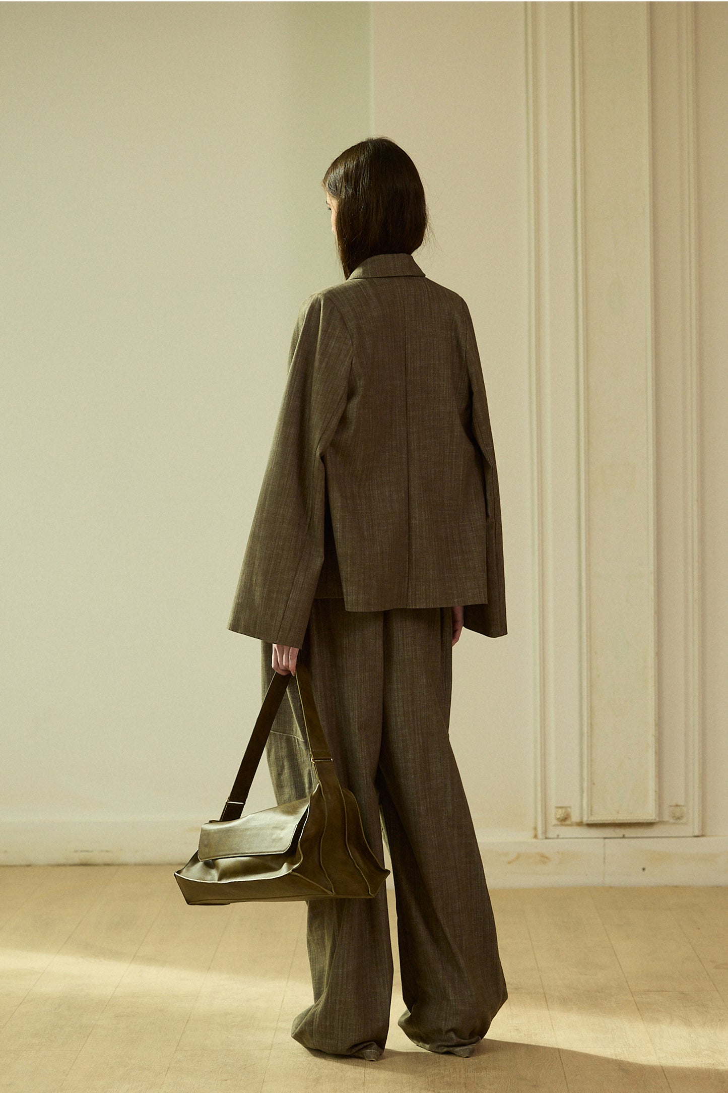 Green volume denim long pants