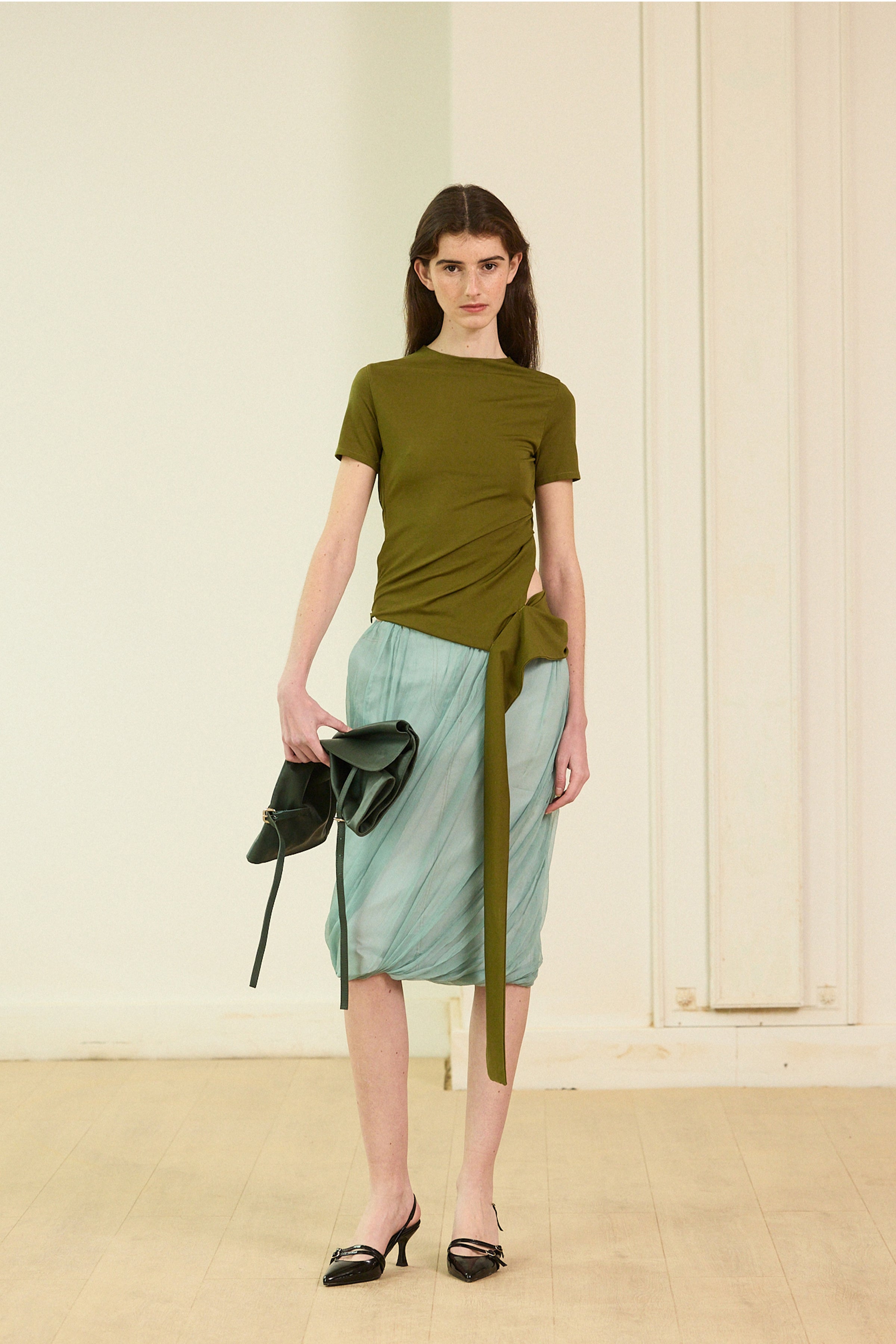 Green knit asymmetrical blouse