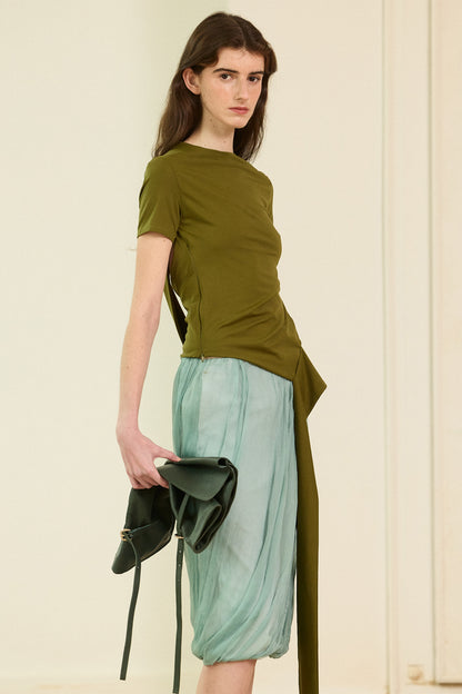 Green knit asymmetrical blouse