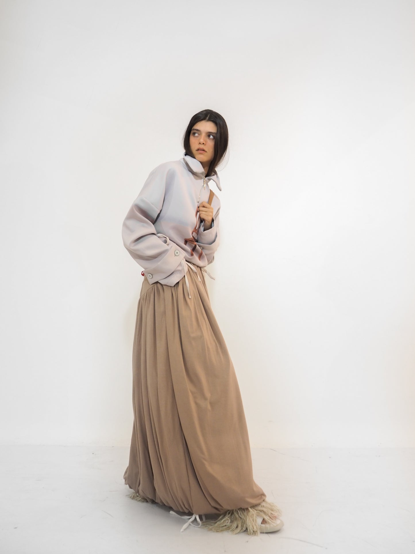 Brown Satin Volume Long Skirt