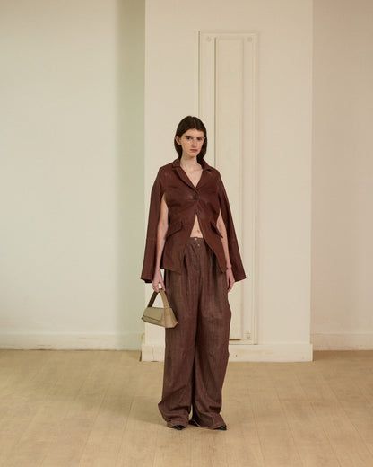 Brown leather blazer with armholes in the front