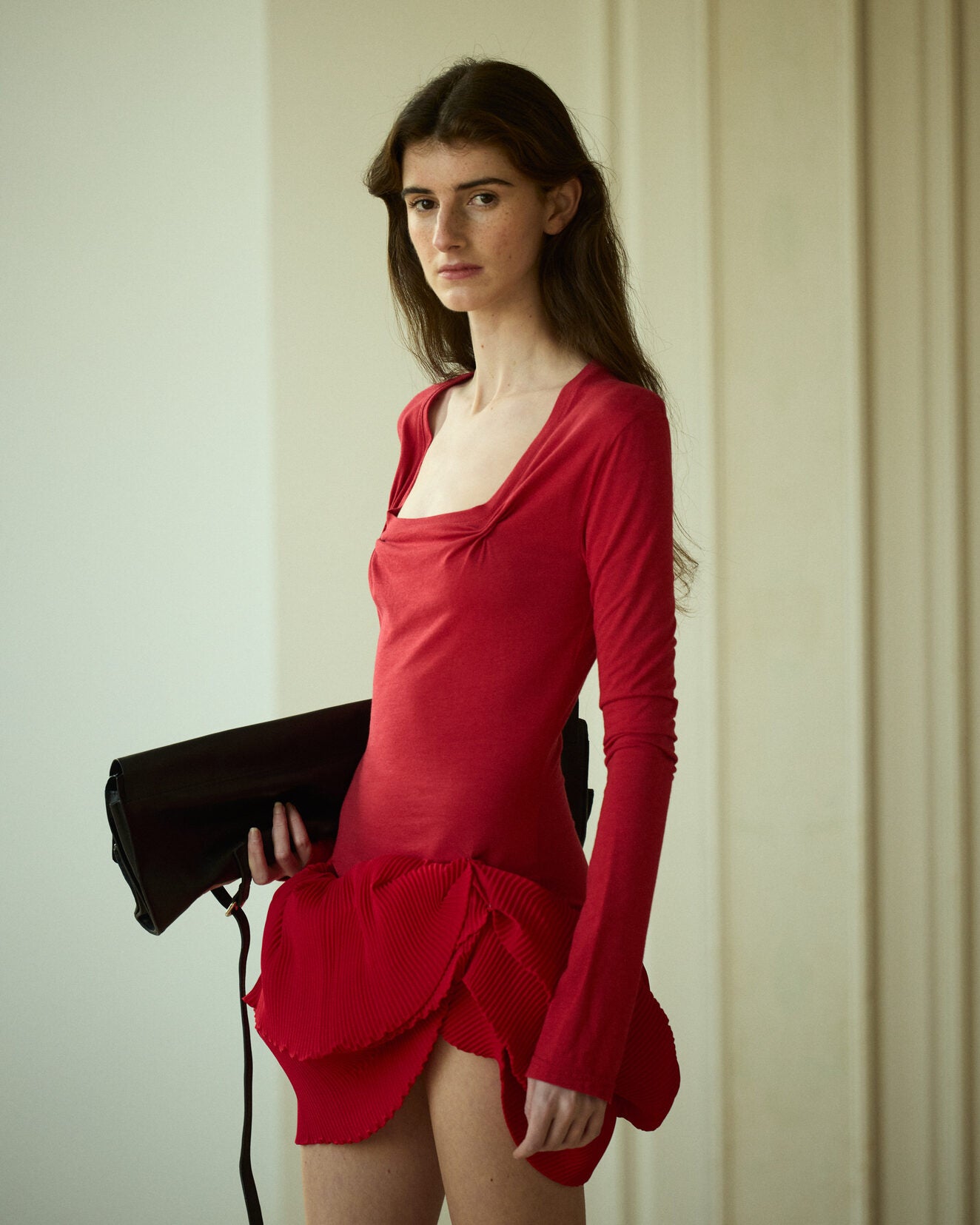 Red knit and pleated minidress