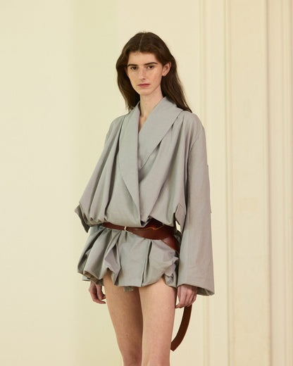 Grey volume gabardine with belt