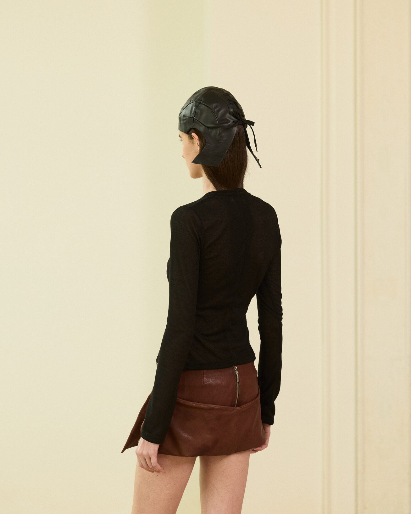 Brown leather miniskirt with belt