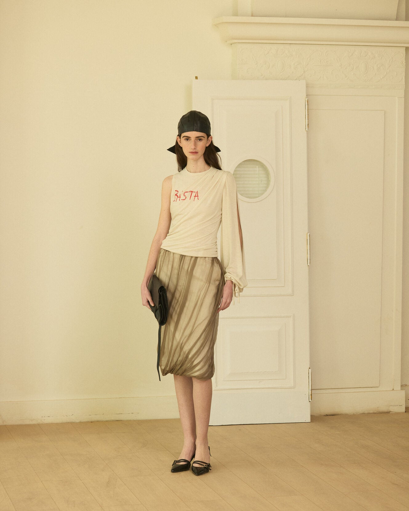 Taupe silk gauze and white denim midi skirt