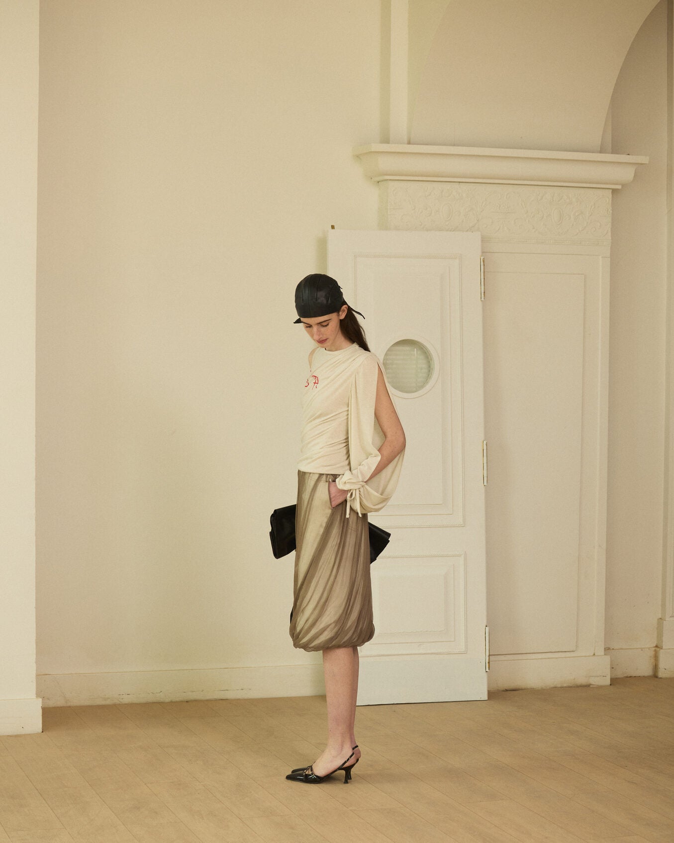 Taupe silk gauze and white denim midi skirt