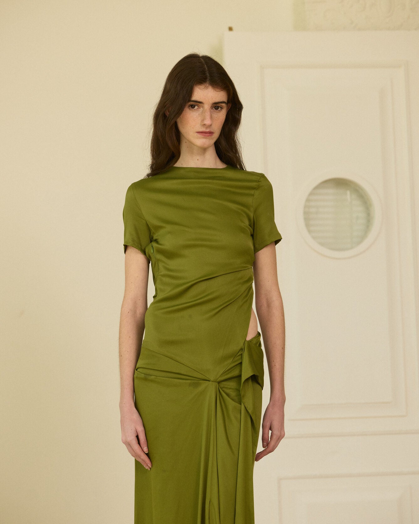 Green asymmetrical knit long dress