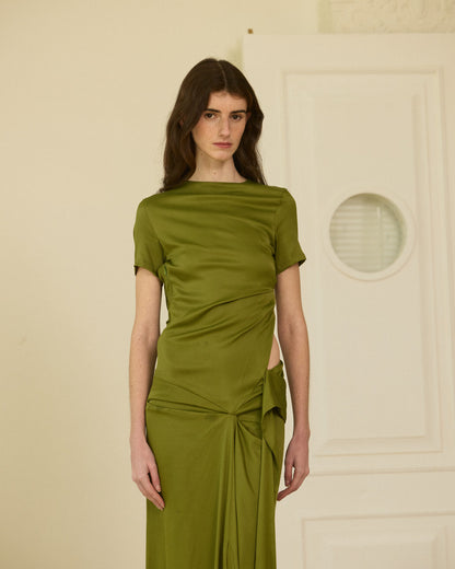 Green asymmetrical knit long dress